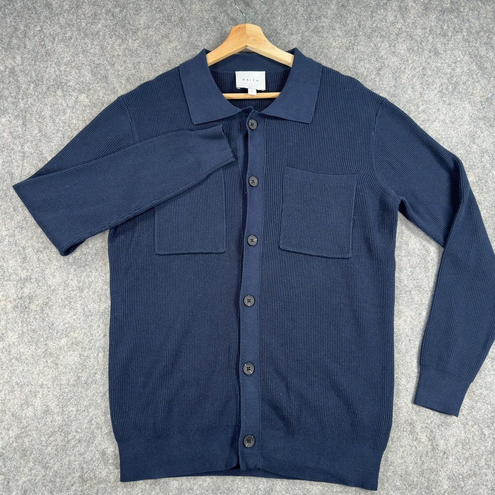 RAITH Cardigan Sweater Mens Large Blue 100% Cotton Button Front Knit Pockets - Picture 2 of 16